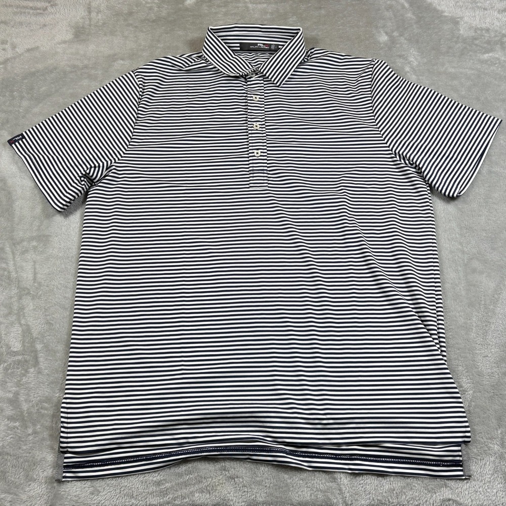 Ralph Lauren RLX Polo Shirt Mens Large Black White Striped Wicking Performance - Picture 1 of 12